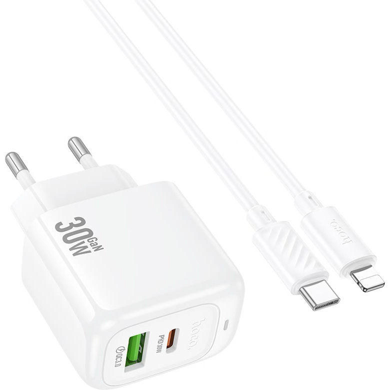 Зарядний пристрій HOCO CS55A Surplus 1xUSB-A, 1xUSB-C, PD30W, QC3.0 White w/Type-C to Lightning cable (6942007631556)