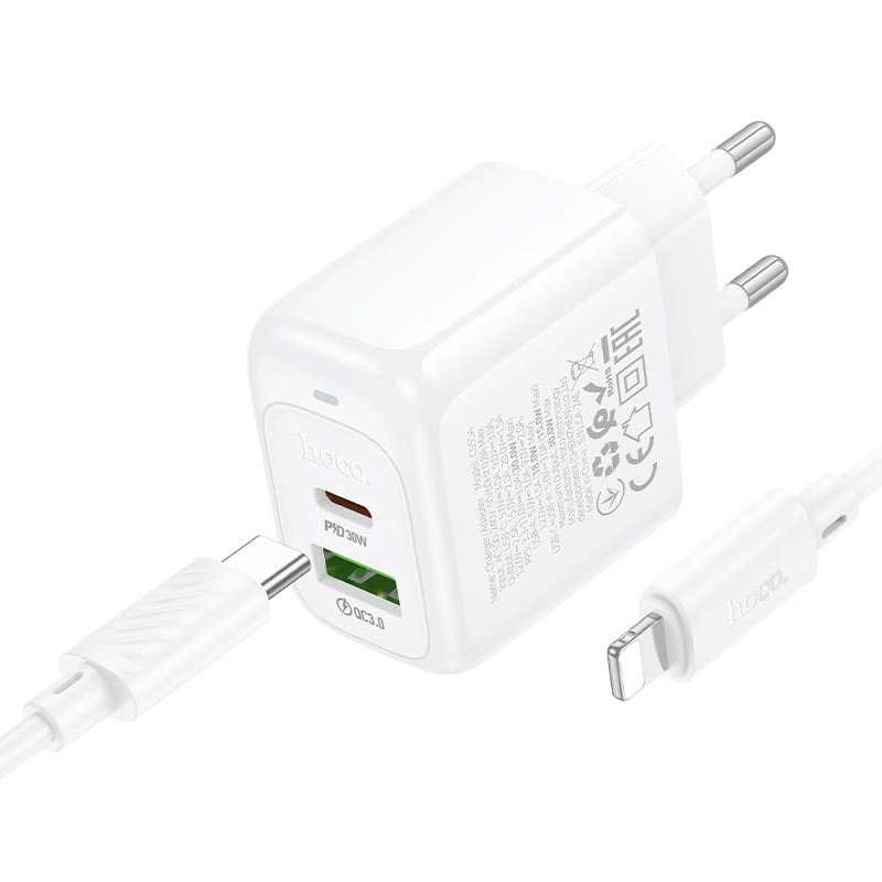 Зарядний пристрій HOCO CS55A Surplus 1xUSB-A, 1xUSB-C, PD30W, QC3.0 White w/Type-C to Lightning cable (6942007631556)