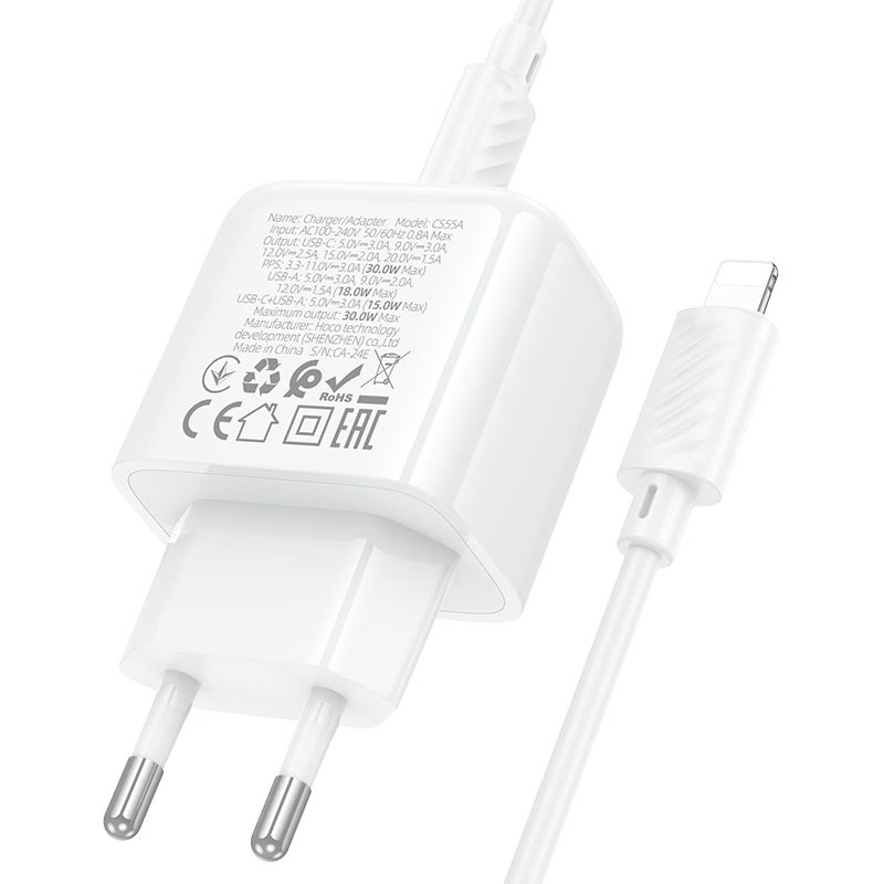 Зарядний пристрій HOCO CS55A Surplus 1xUSB-A, 1xUSB-C, PD30W, QC3.0 White w/Type-C to Lightning cable (6942007631556)