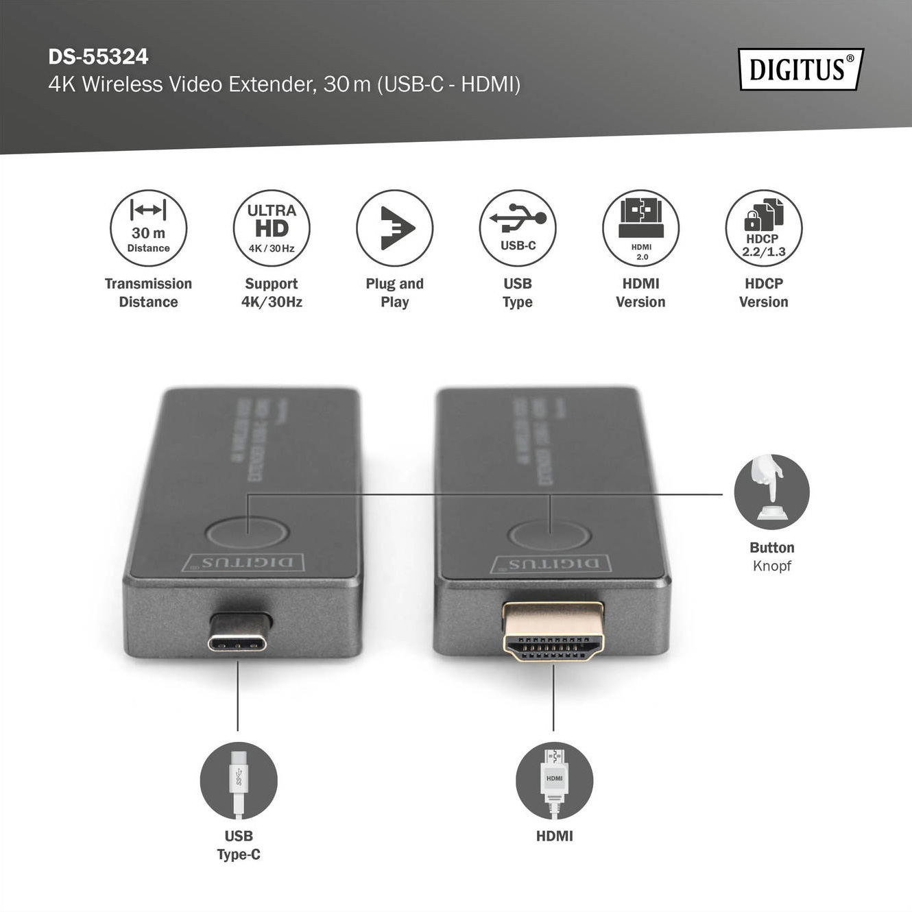 Удлинитель HDMI по Wi-Fi DIGITUS 4K Wireless Video Extender Set Gray (DS-55324)