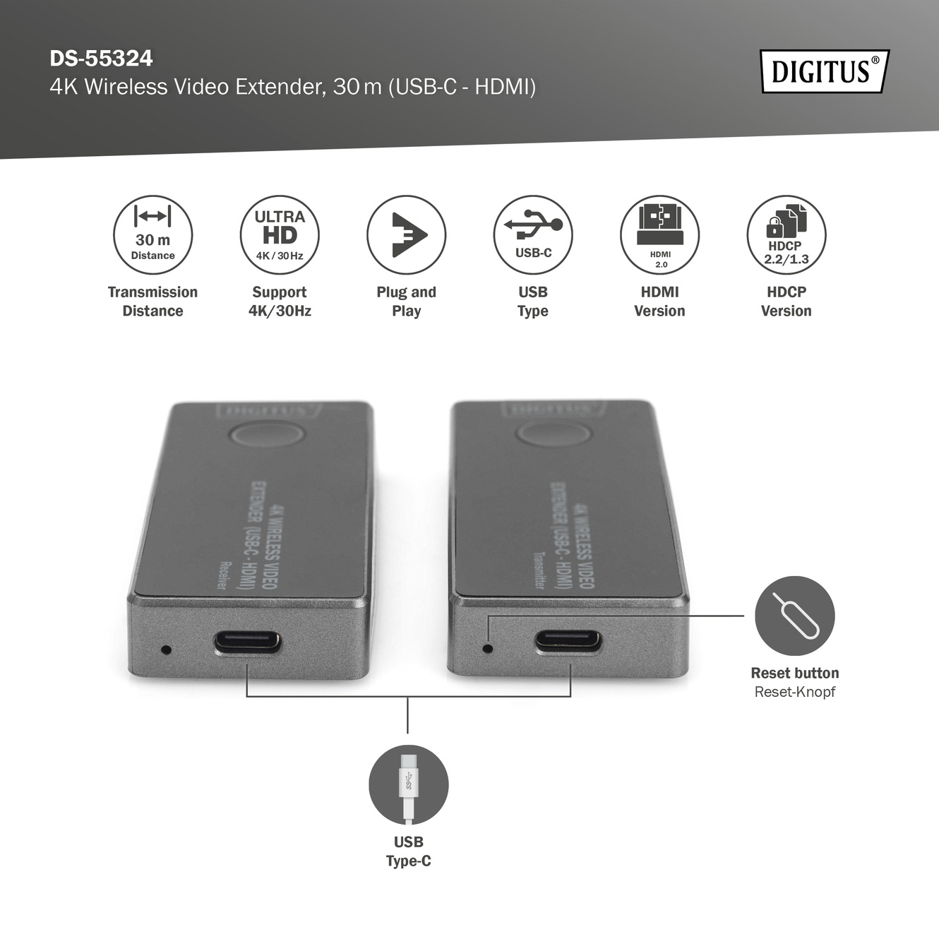 Удлинитель HDMI по Wi-Fi DIGITUS 4K Wireless Video Extender Set Gray (DS-55324)