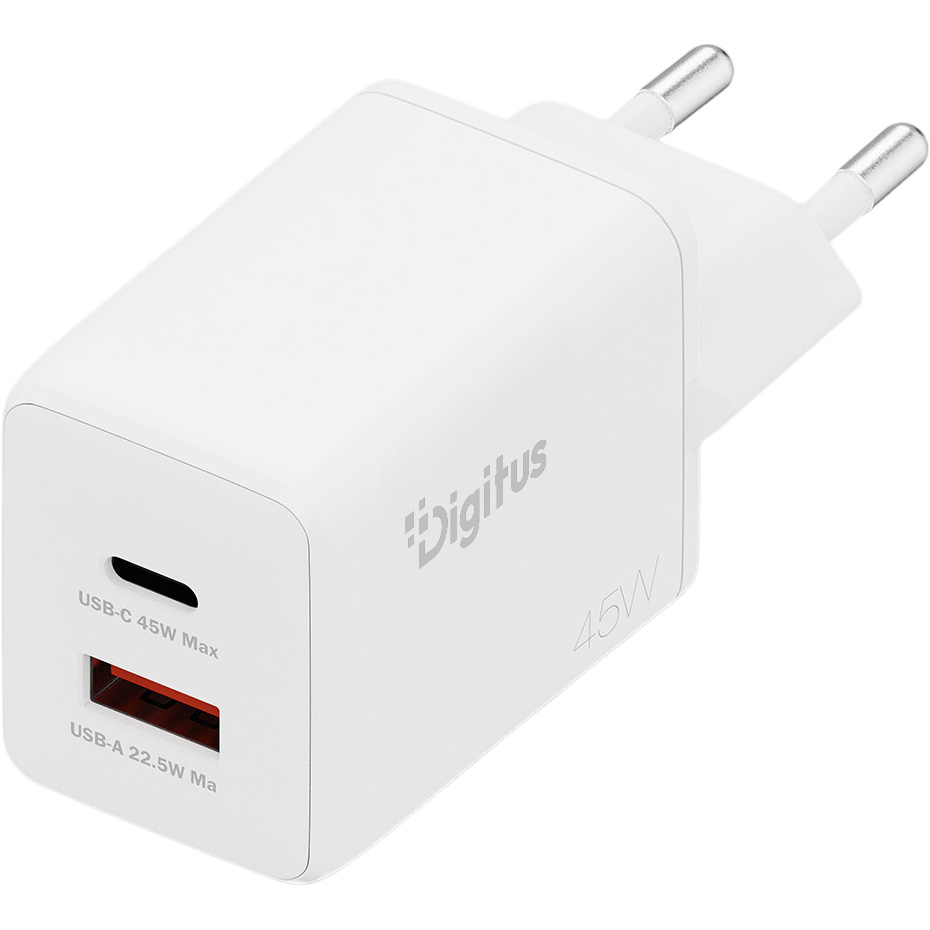 Зарядний пристрій DIGITUS GaN Charger, 1x USB-C, 1x USB-A, 45W White (DA-10302)