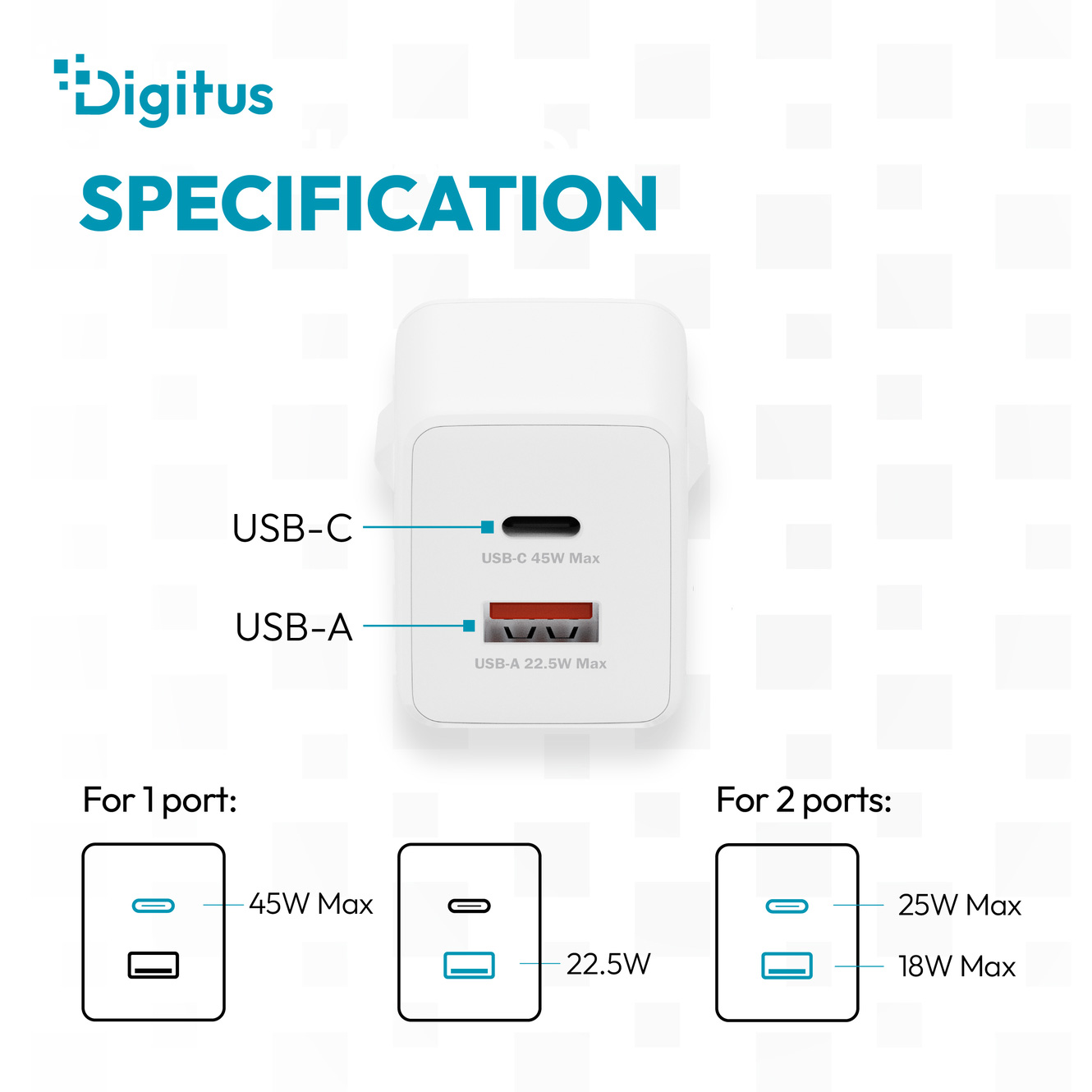 Зарядний пристрій DIGITUS GaN Charger, 1x USB-C, 1x USB-A, 45W White (DA-10302)