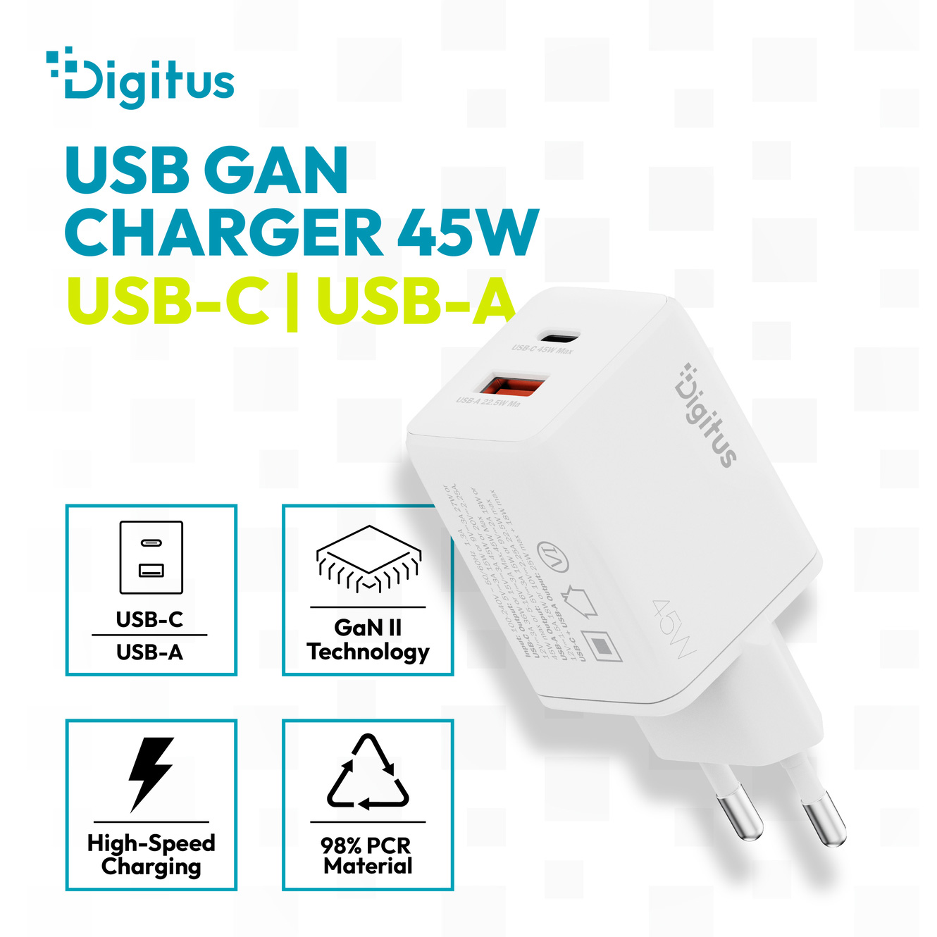 Зарядний пристрій DIGITUS GaN Charger, 1x USB-C, 1x USB-A, 45W White (DA-10302)