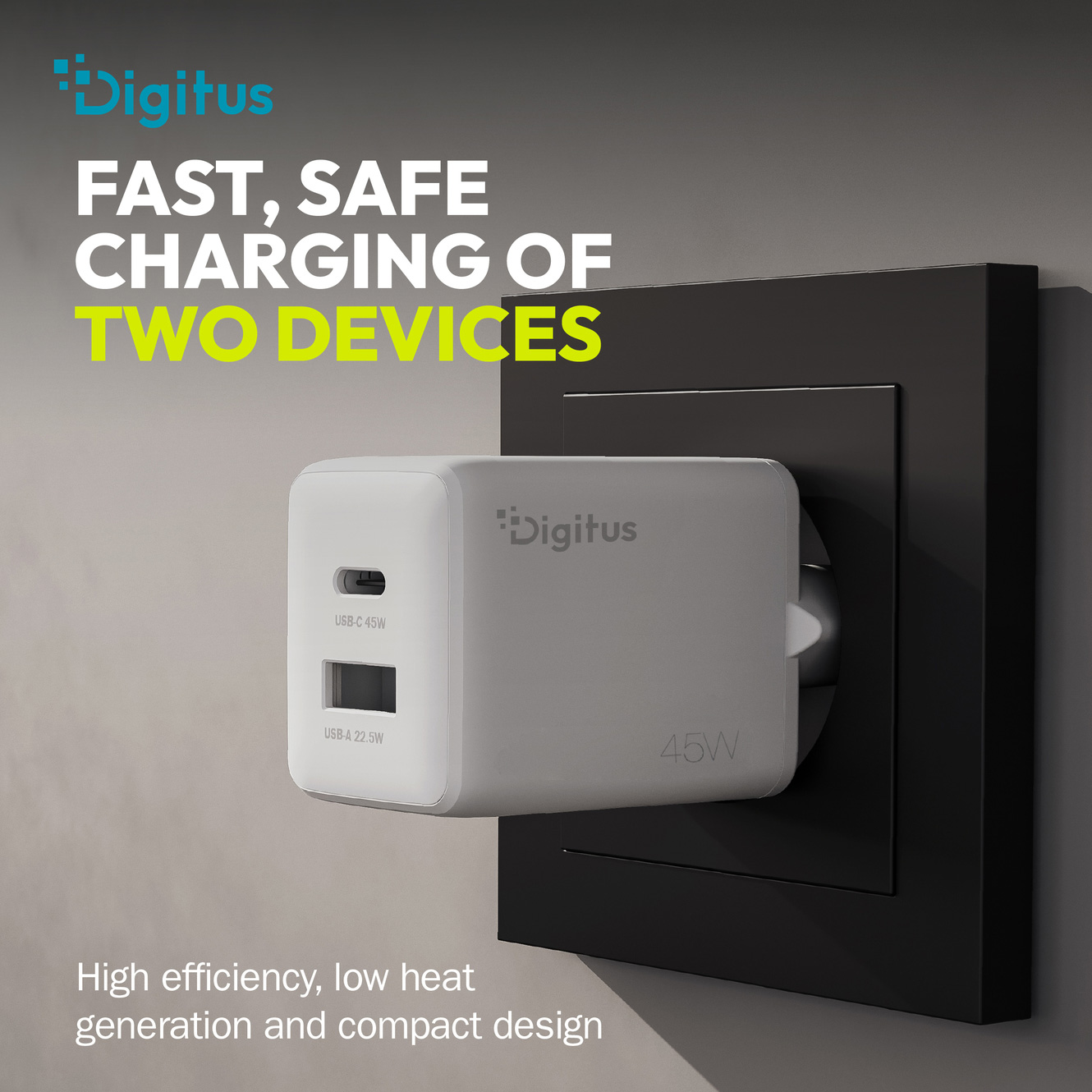 Зарядний пристрій DIGITUS GaN Charger, 1x USB-C, 1x USB-A, 45W White (DA-10302)