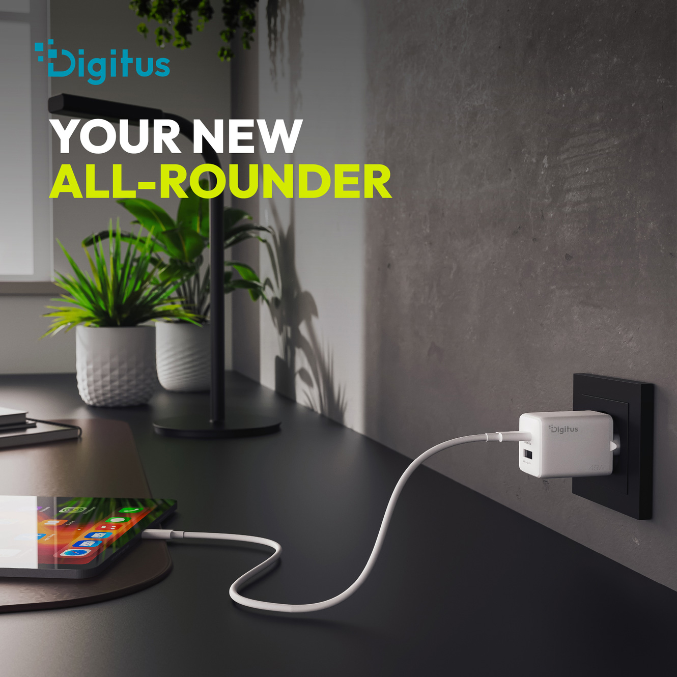 Зарядний пристрій DIGITUS GaN Charger, 1x USB-C, 1x USB-A, 45W White (DA-10302)