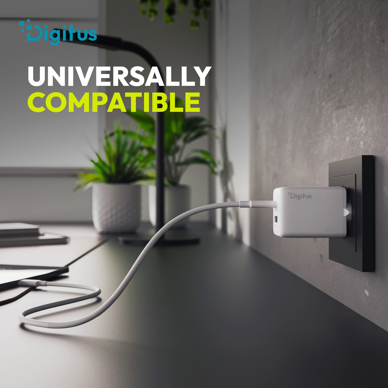 Зарядний пристрій DIGITUS GaN Charger, 1x USB-C, 1x USB-A, 45W White (DA-10302)