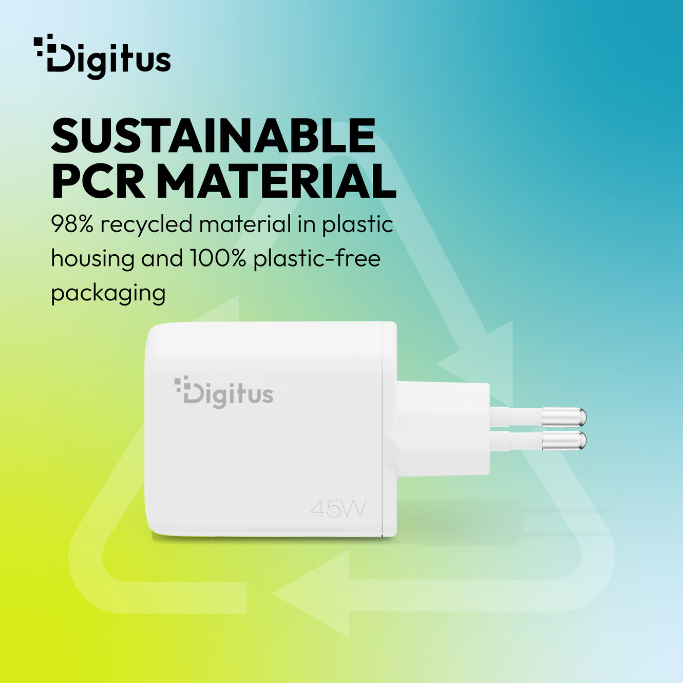 Зарядний пристрій DIGITUS GaN Charger, 1x USB-C, 1x USB-A, 45W White (DA-10302)