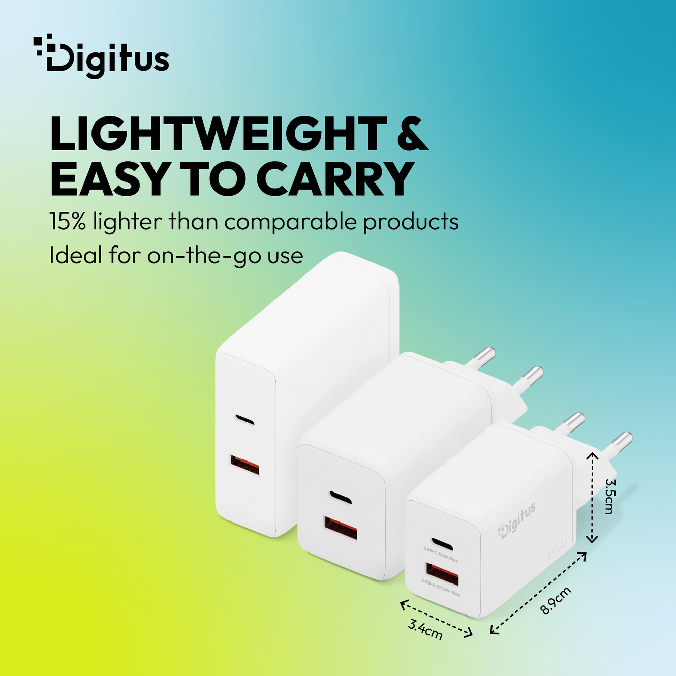 Зарядний пристрій DIGITUS GaN Charger, 1x USB-C, 1x USB-A, 45W White (DA-10302)