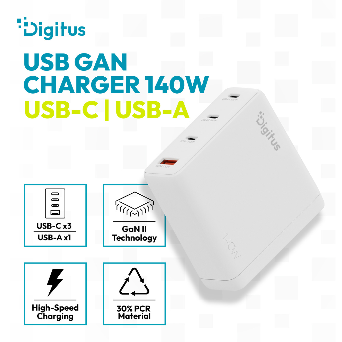Зарядний пристрій DIGITUS GaN Charger, 3x USB-C, 1x USB-A, 140W White (DA-10305)
