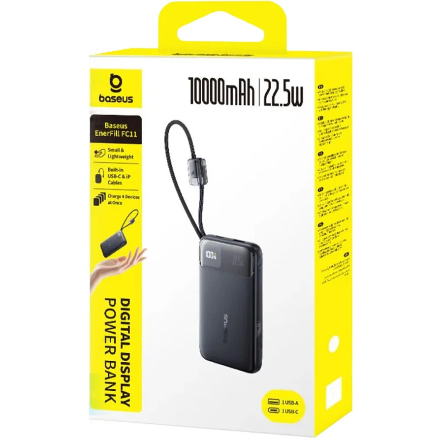 Повербанк BASEUS EnerFill FC11 Digital Display Power Bank with Dual Built-in Cables 22.5W 10000mAh Cosmic Black (E0027R04)