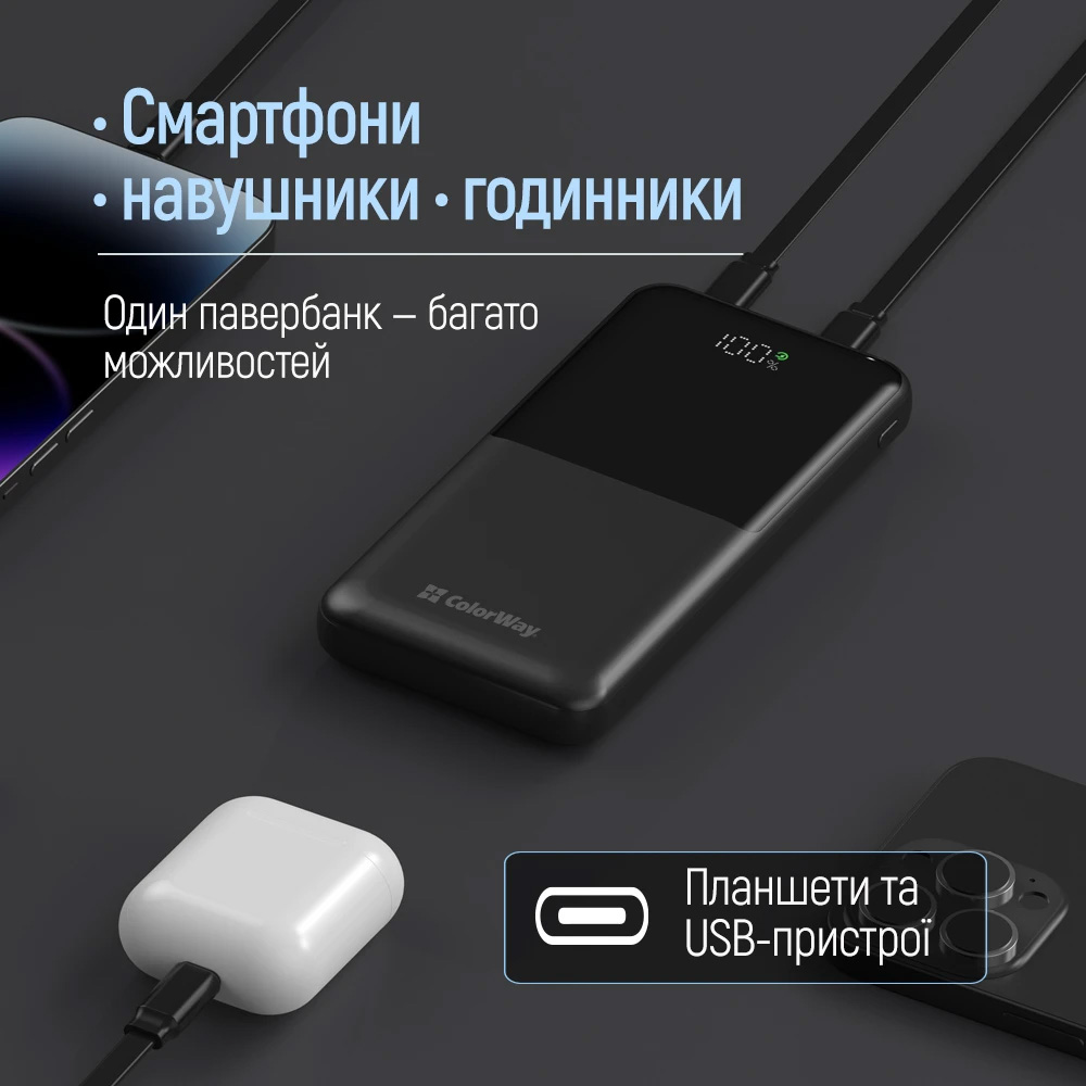 Повербанк COLORWAY 10 000 mAh LCD 22.5W 10000mAh (CW-PB100LPB3BK-PDD)