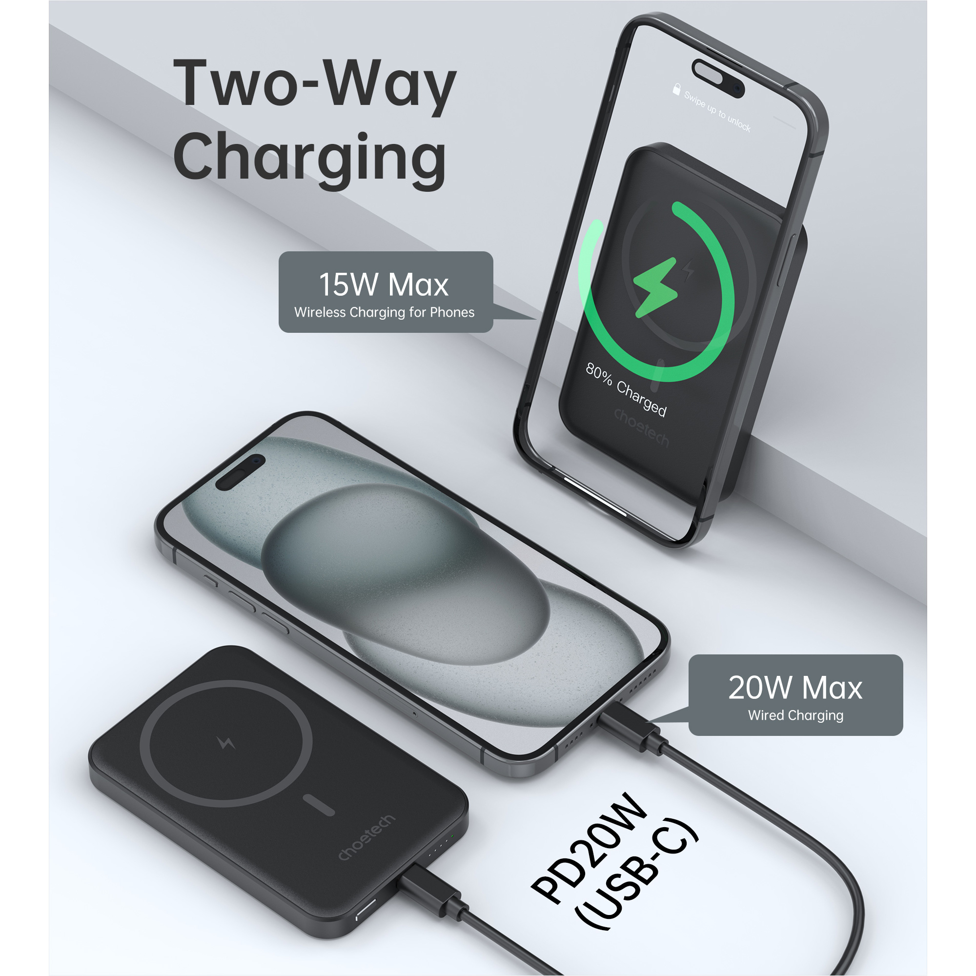 Повербанк з бездротовою зарядкою CHOETECH B709 PD3.0 Magnetic Wireless Power Bank 20W 5000mAh Black