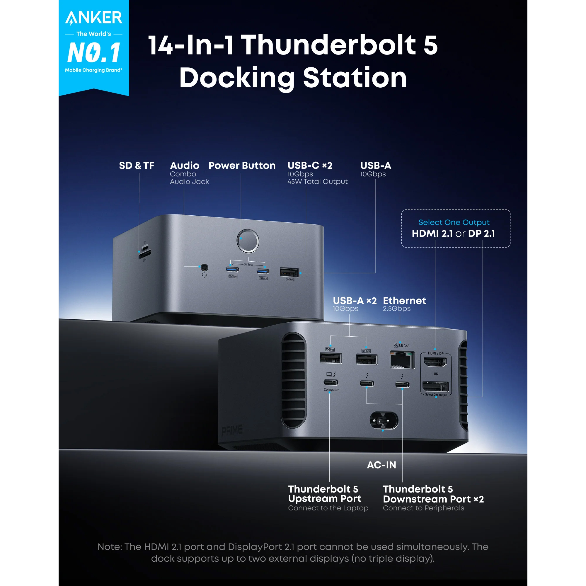 Док-станция ANKER Prime TB5 Docking Station 14-in-1, 8K Black (A83B53A1)
