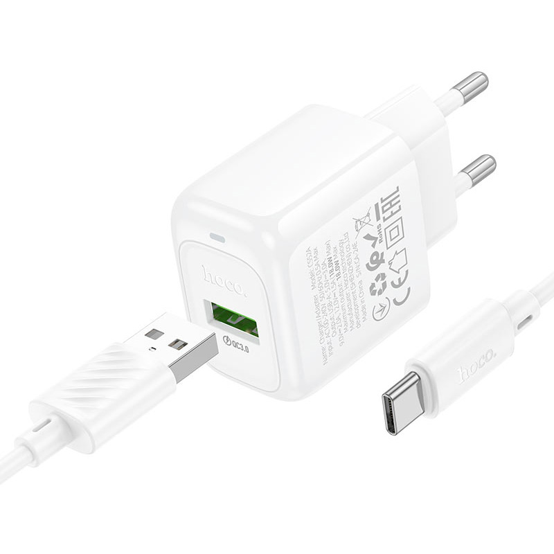 Зарядний пристрій HOCO CS52A Surplus 1xUSB-A, QC3.0, 18W White w/Type-C cable (6942007631471)