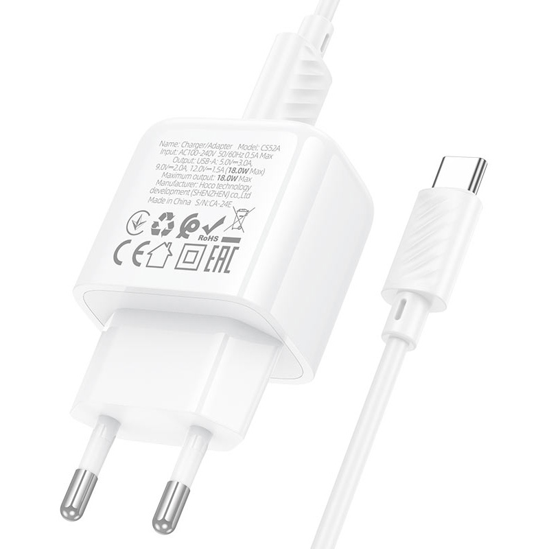Зарядний пристрій HOCO CS52A Surplus 1xUSB-A, QC3.0, 18W White w/Type-C cable (6942007631471)