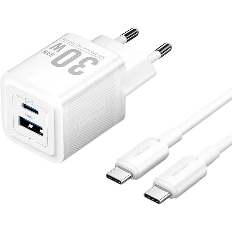 Зарядний пристрій VENTION 1xUSB-C, 1xUSB-A GaN Wall Charger 30W White w/Type-C cable (TZ-FEQW0-EU-01)