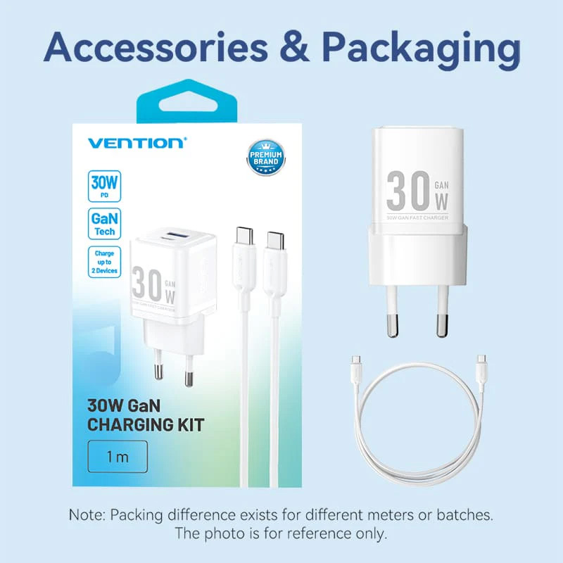 Зарядний пристрій VENTION 1xUSB-C, 1xUSB-A GaN Wall Charger 30W White w/Type-C cable (TZ-FEQW0-EU-01)