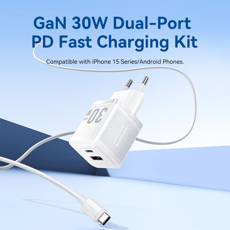 Зарядний пристрій VENTION 1xUSB-C, 1xUSB-A GaN Wall Charger 30W White w/Type-C cable (TZ-FEQW0-EU-01)