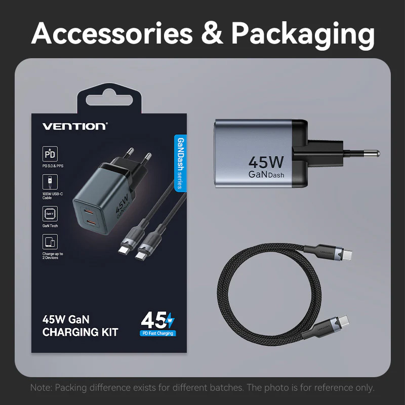 Зарядний пристрій VENTION 2xUSB-C GaN Wall Charger 45W Gray w/Type-C cable (TZ-FCDH0-EU)
