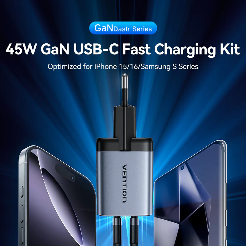 Зарядний пристрій VENTION 2xUSB-C GaN Wall Charger 45W Gray w/Type-C cable (TZ-FCDH0-EU)