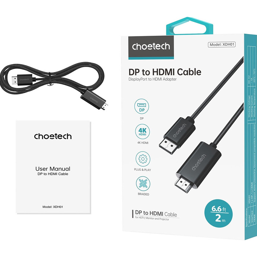 Кабель CHOETECH 4K 60Hz DisplayPort - HDMI 2м Black (XDH01-BK)