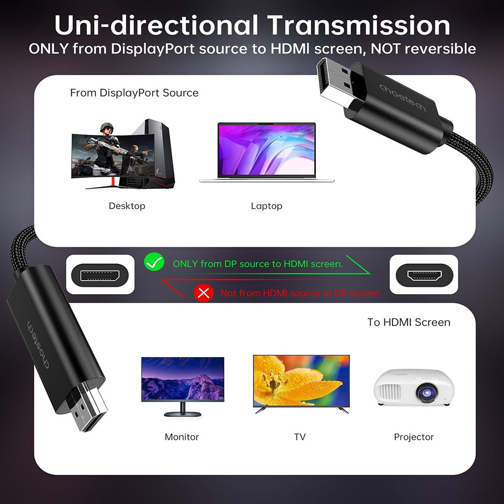 Кабель CHOETECH 4K 60Hz DisplayPort - HDMI 2м Black (XDH01-BK)