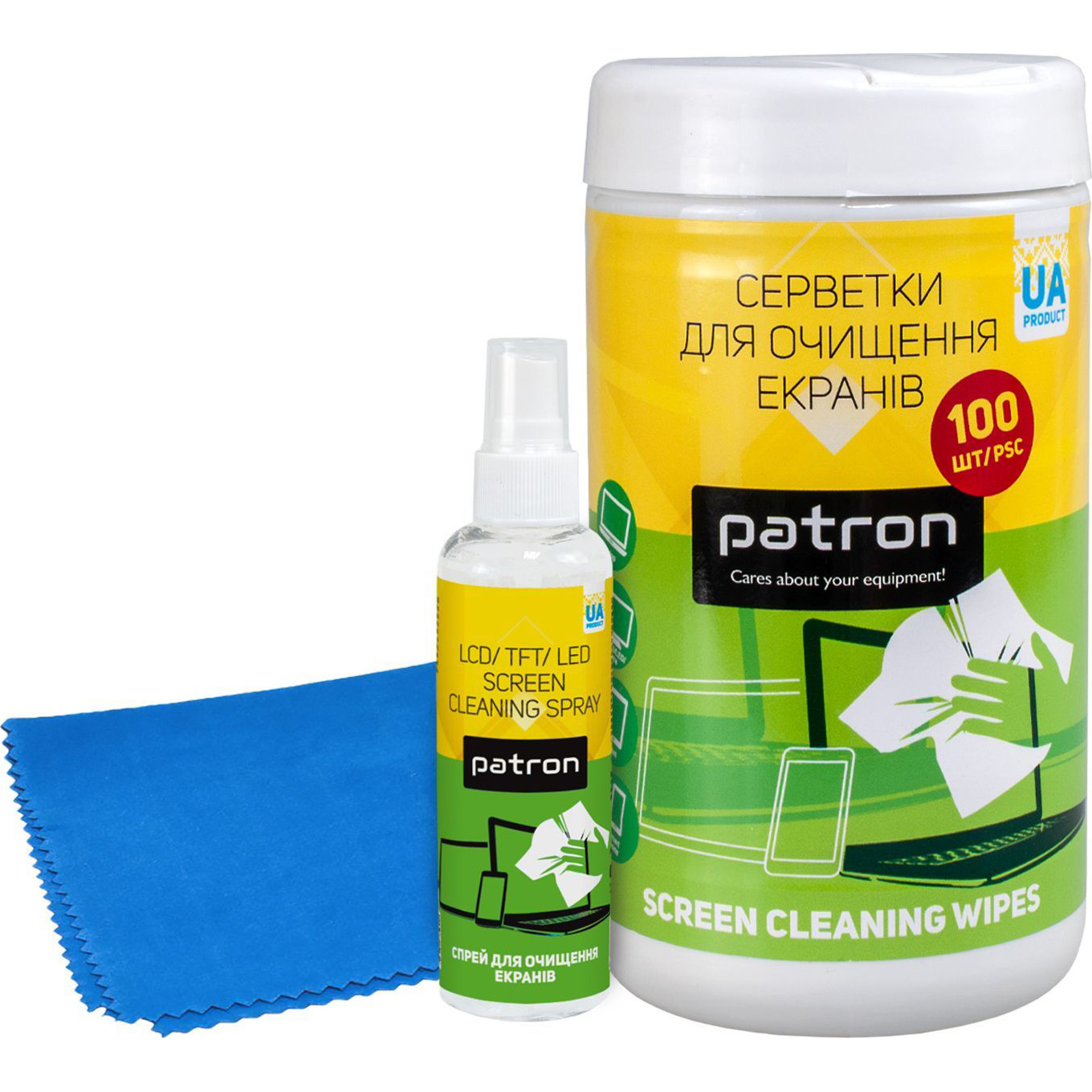 Серветки вологі чистячі PATRON F3-027 100шт + Screen Spray 100ml F3-008 + Microfiber Wipe 20x20cm F4-019