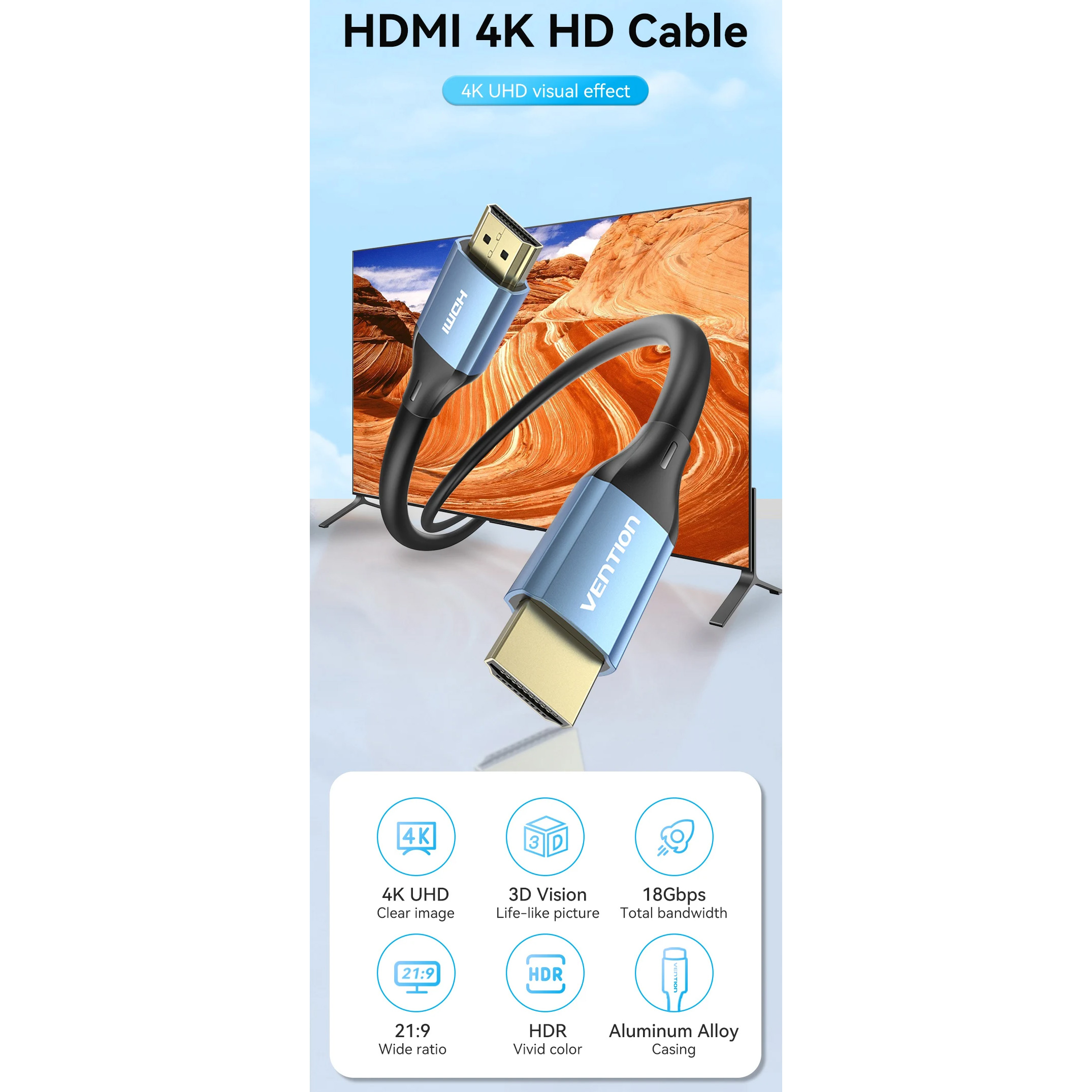 Кабель VENTION HDMI Male to Male 4K HD Cable HDMI v2.0 8м Blue (ALHSK)