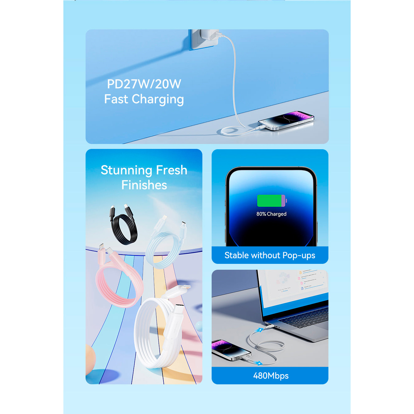 Кабель VENTION USB2.0 Type-C Male to Lightning Male 3A 1м Lake Blue (LAKSF)