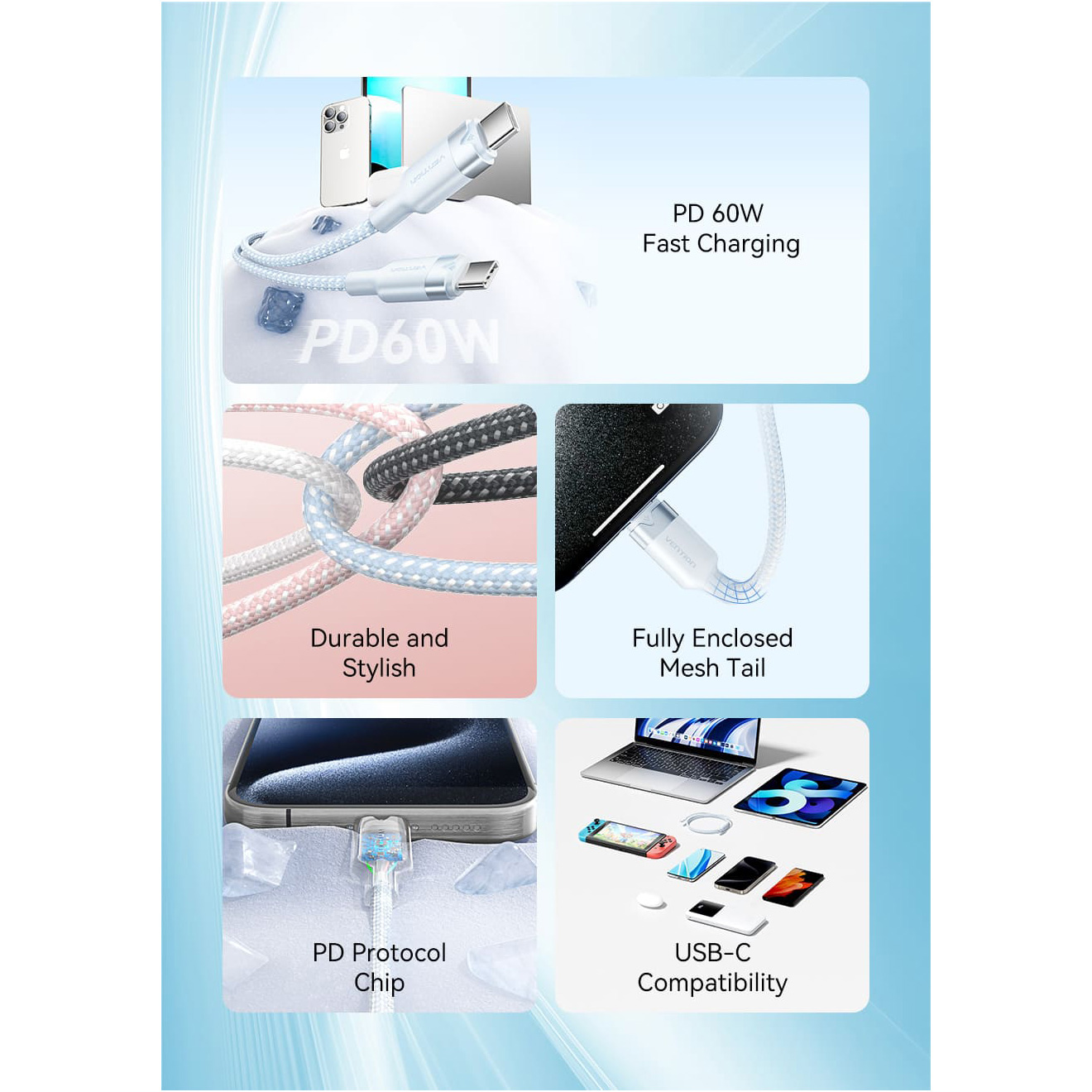 Кабель VENTION USB2.0 Type-C to Type-C PD 60W 3A 1м White (TRDWF)