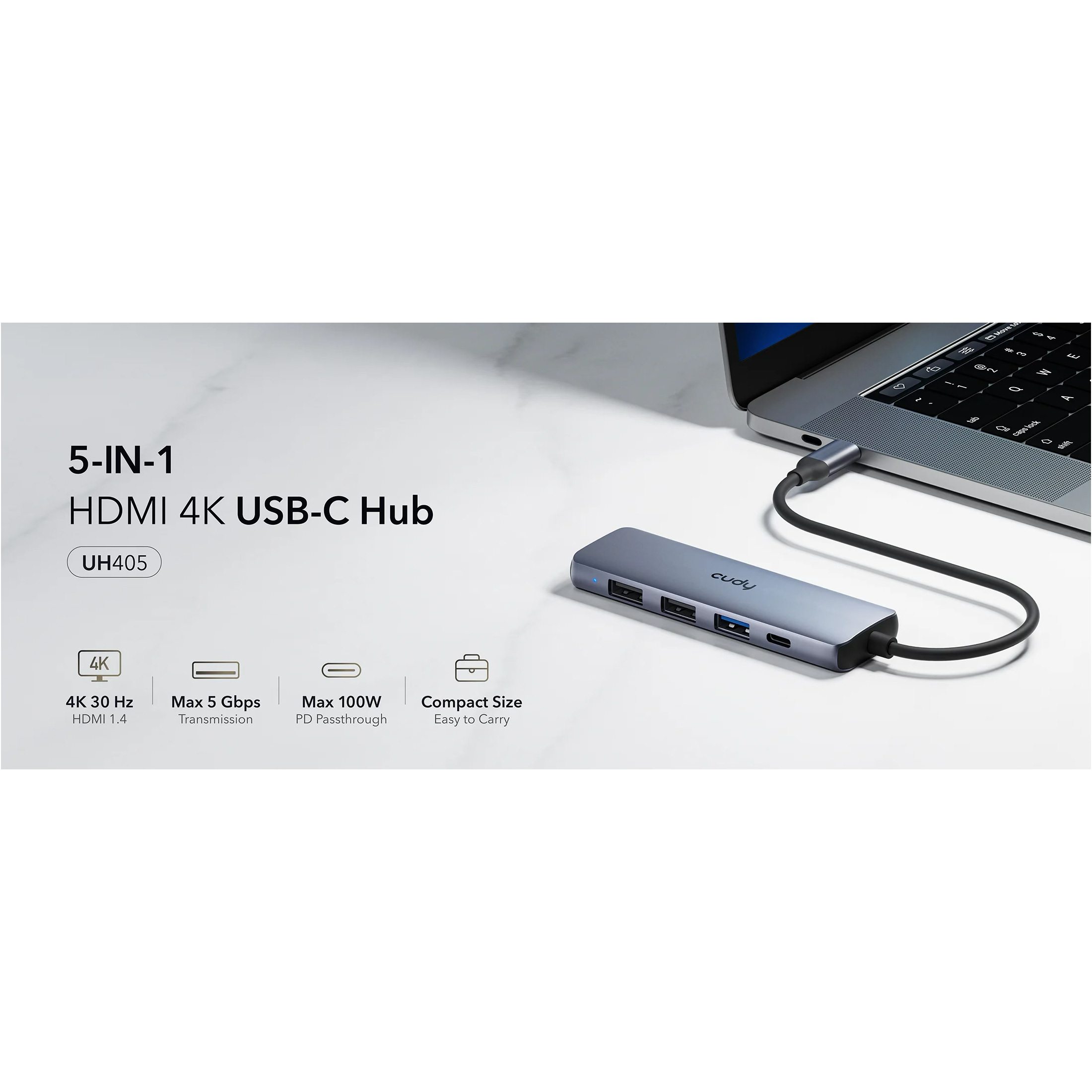 Порт-реплікатор CUDY UH405 5-in-1 USB-C to 1xHDMI, 1xUSB-A3.0, 2xUSB-A2.0, PD