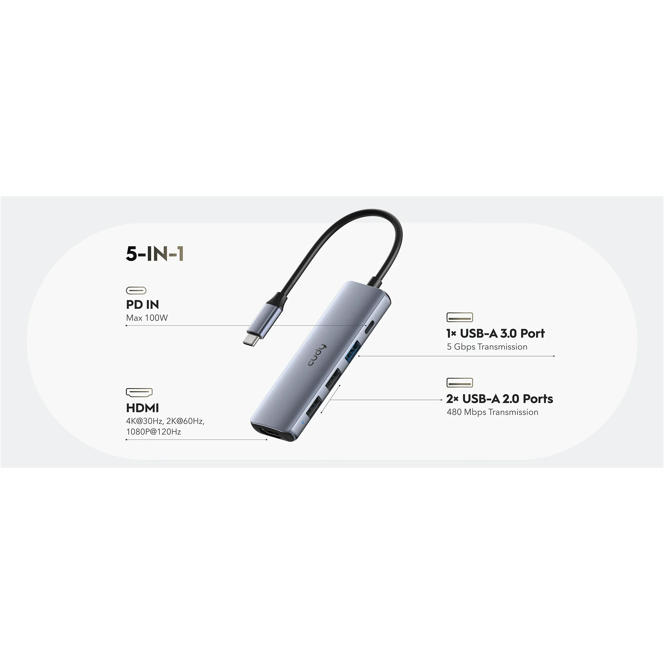 Порт-реплікатор CUDY UH405 5-in-1 USB-C to 1xHDMI, 1xUSB-A3.0, 2xUSB-A2.0, PD