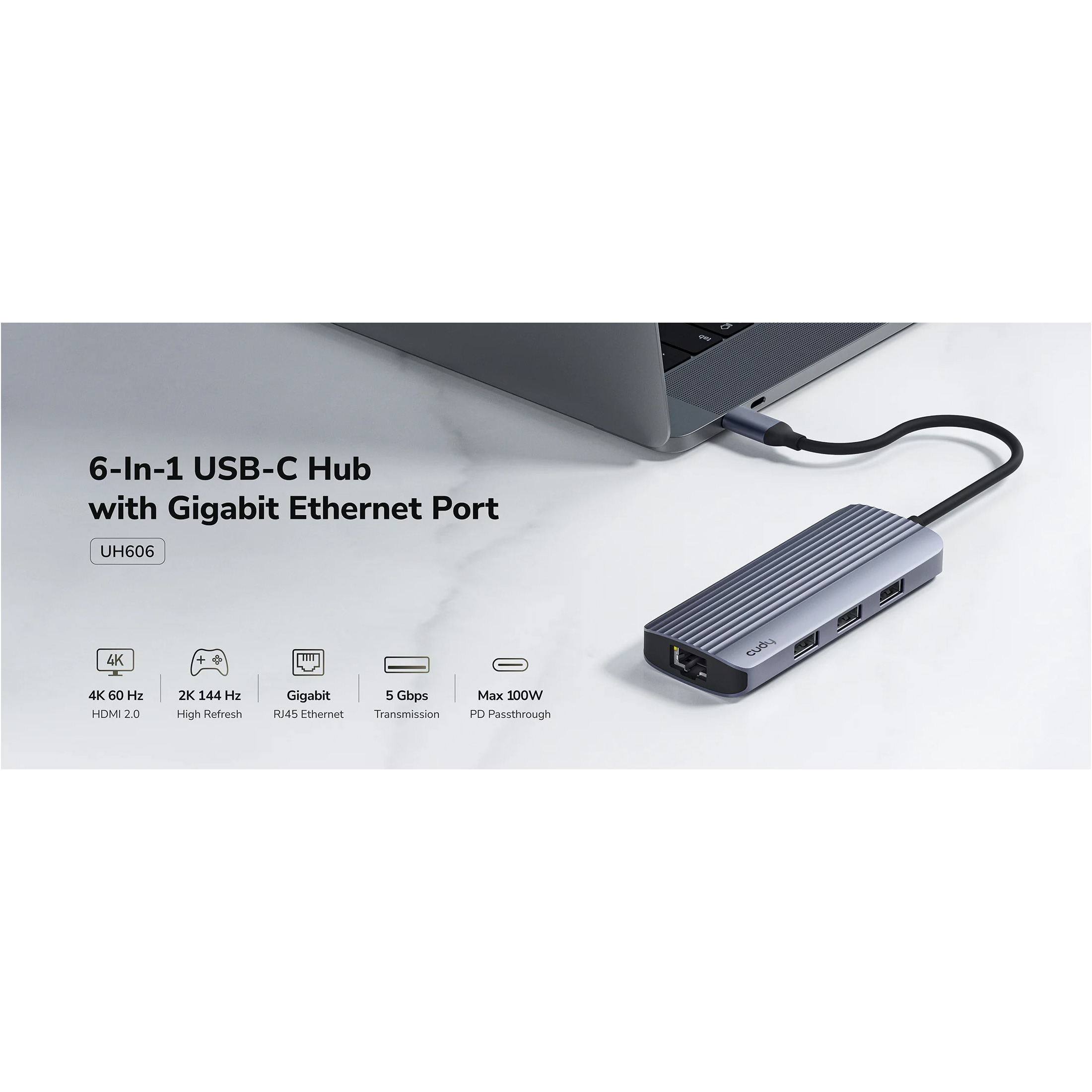 Порт-реплікатор CUDY UH606 6-in-1 USB-C to 1xHDMI, 3xUSB-A3.0, LAN, PD