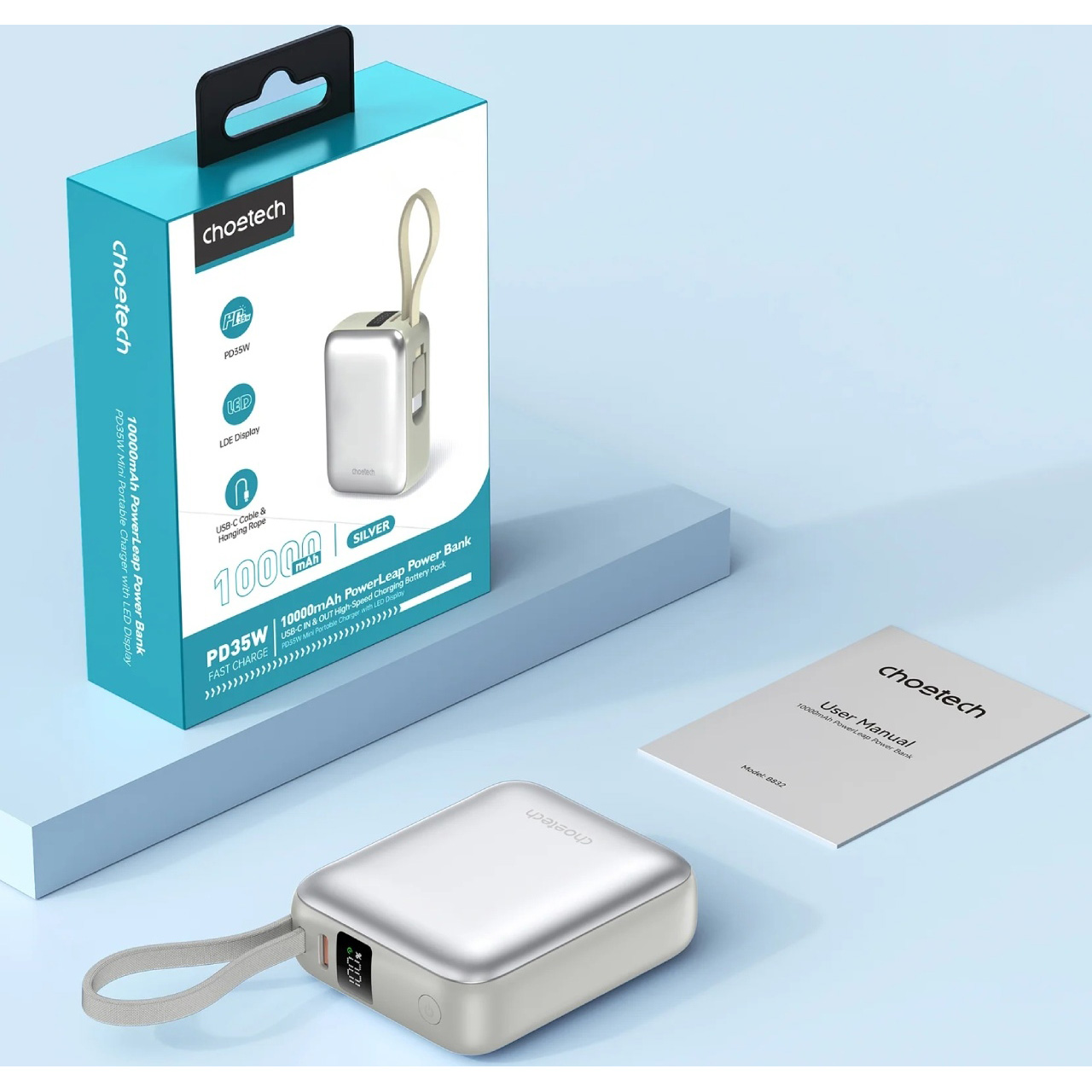 Повербанк CHOETECH B832 1xUSB-C, PD3.0, with built-in cable USB-C, 35W 10000mAh Gray