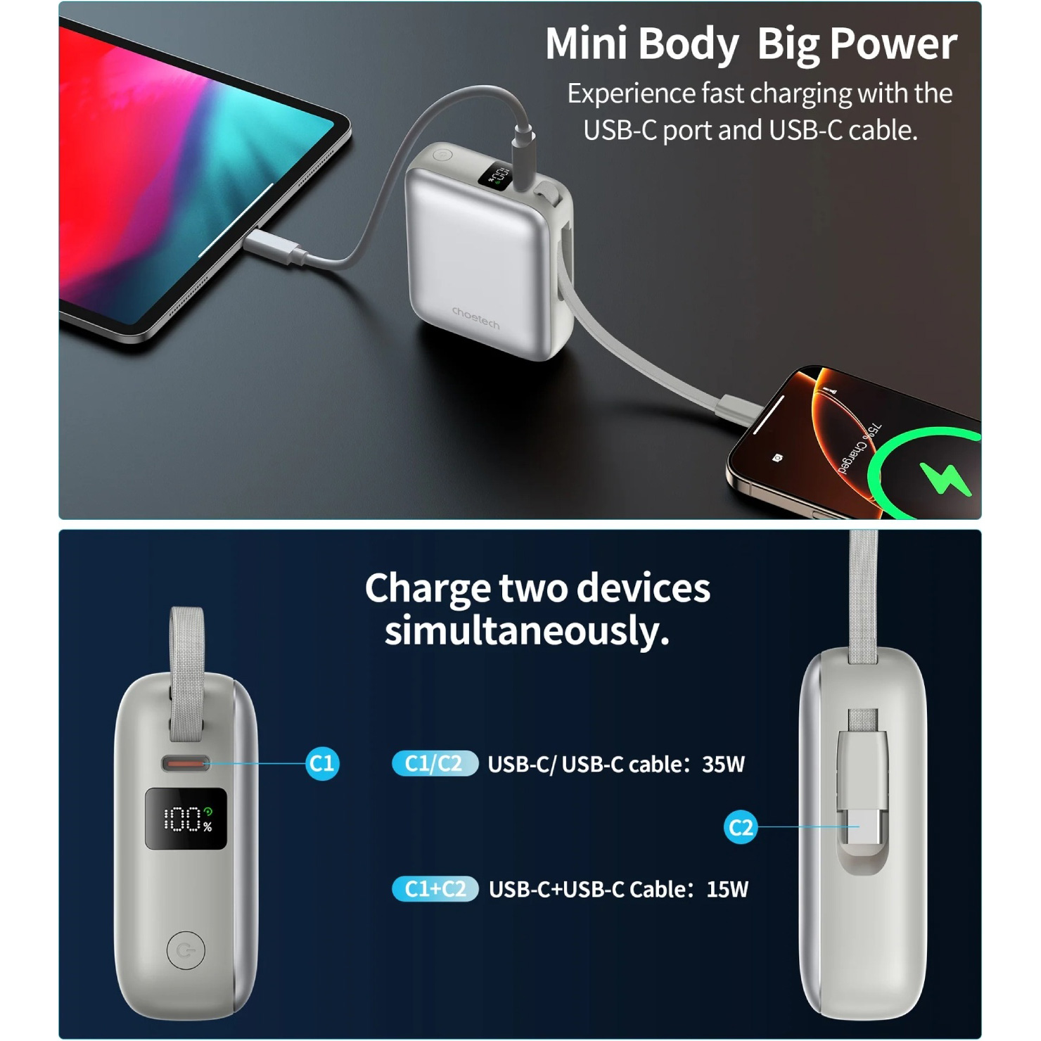 Повербанк CHOETECH B832 1xUSB-C, PD3.0, with built-in cable USB-C, 35W 10000mAh Gray