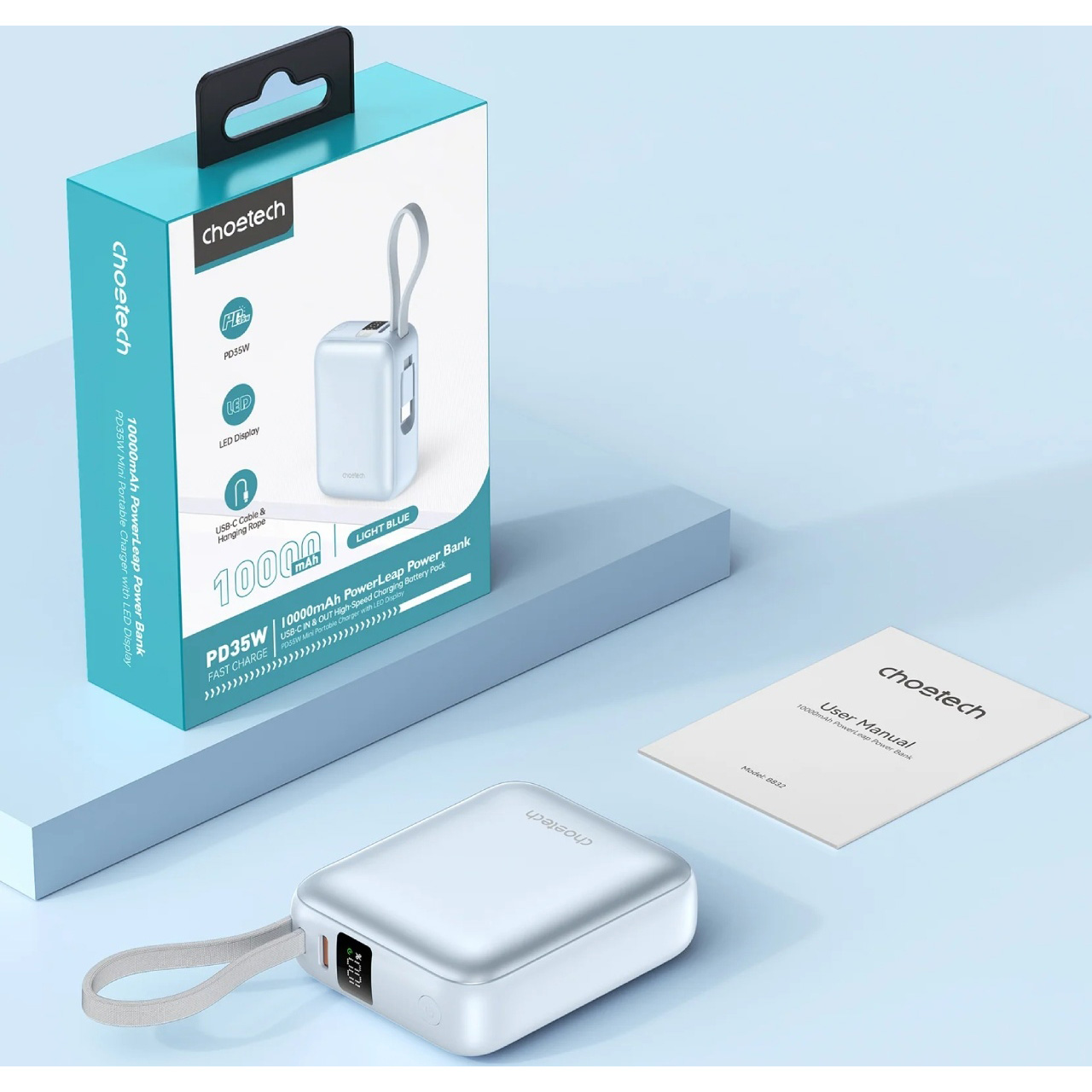 Повербанк CHOETECH B832 1xUSB-C, PD3.0, with built-in cable USB-C, 35W 10000mAh Light Blue