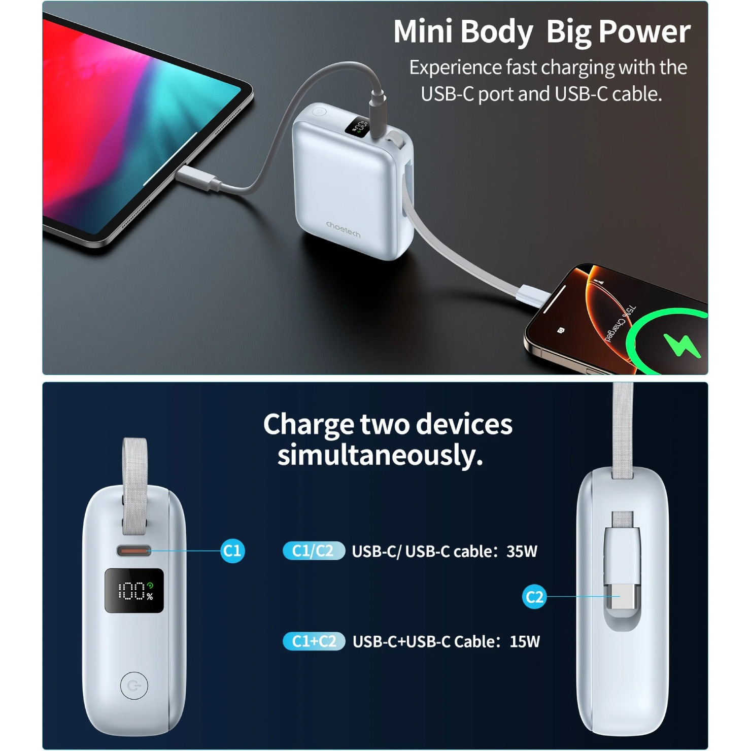 Повербанк CHOETECH B832 1xUSB-C, PD3.0, with built-in cable USB-C, 35W 10000mAh Light Blue