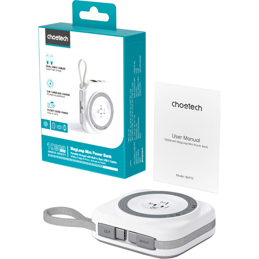 Повербанк з бездротовою зарядкою CHOETECH B697C Magnetic Wireless 22.5W 1xUSB-C, 1xUSB-A 10000mAh White