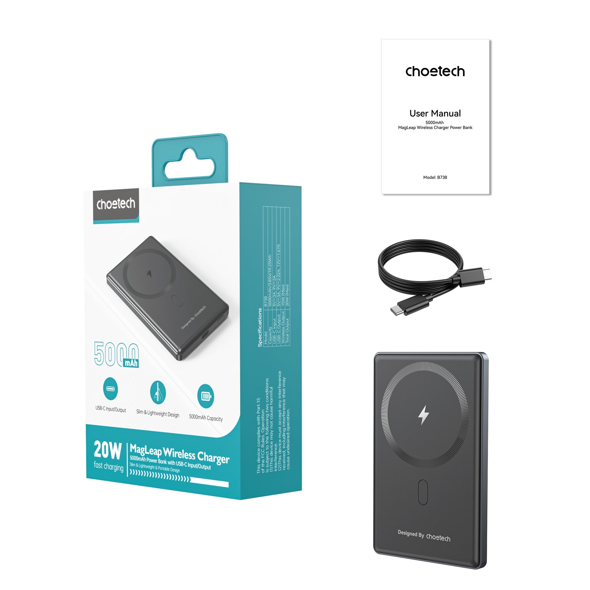 Повербанк з бездротовою зарядкою CHOETECH B738 PD 20W 5000 mAh Ultra-Thin Magnetic 5000mAh