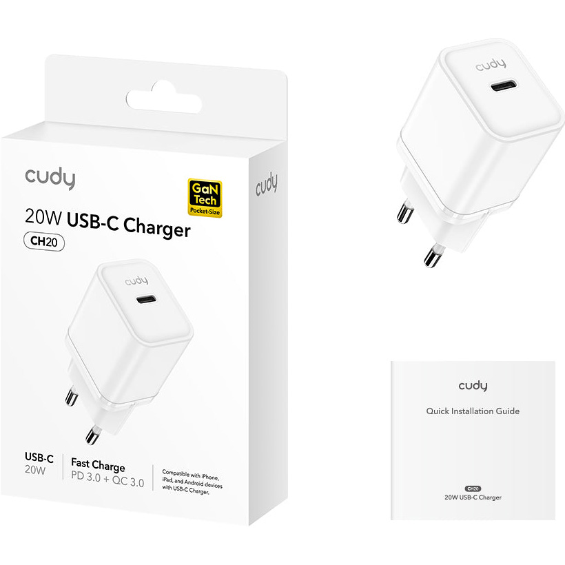 Зарядний пристрій CUDY CH20 GaN Charger USB-C PD 3.0, QC 3.0, 20W White