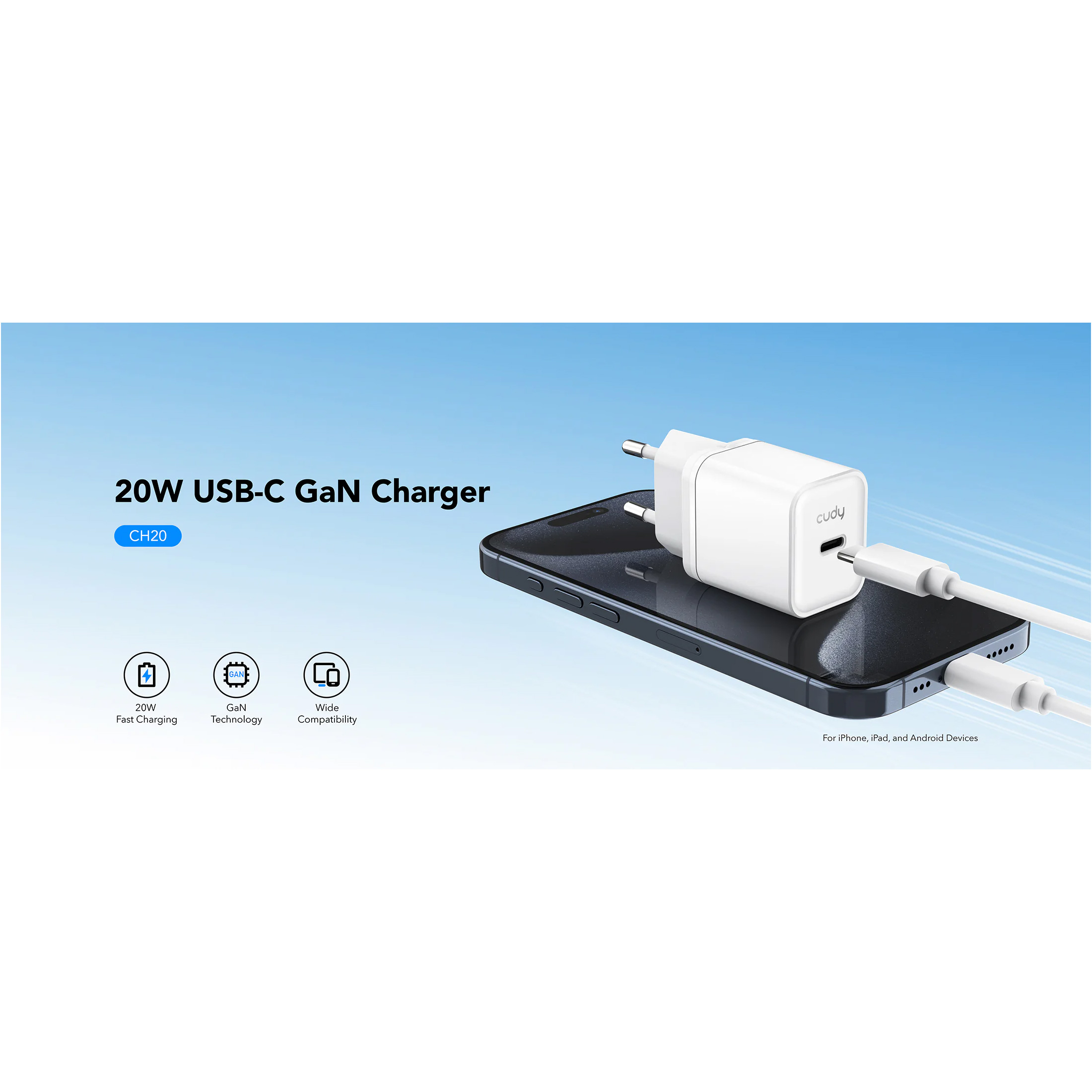 Зарядний пристрій CUDY CH20 GaN Charger USB-C PD 3.0, QC 3.0, 20W White