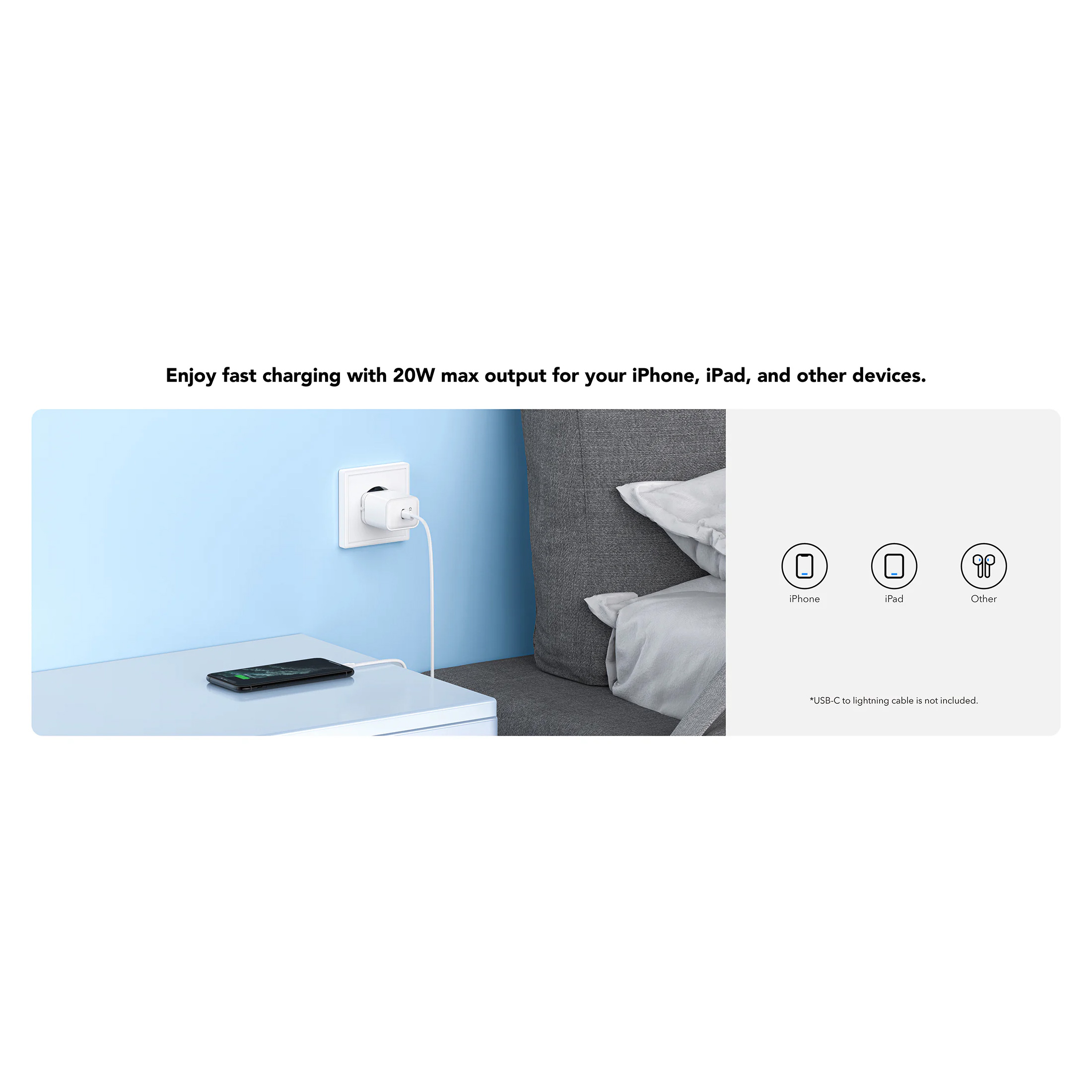 Зарядний пристрій CUDY CH20 GaN Charger USB-C PD 3.0, QC 3.0, 20W White