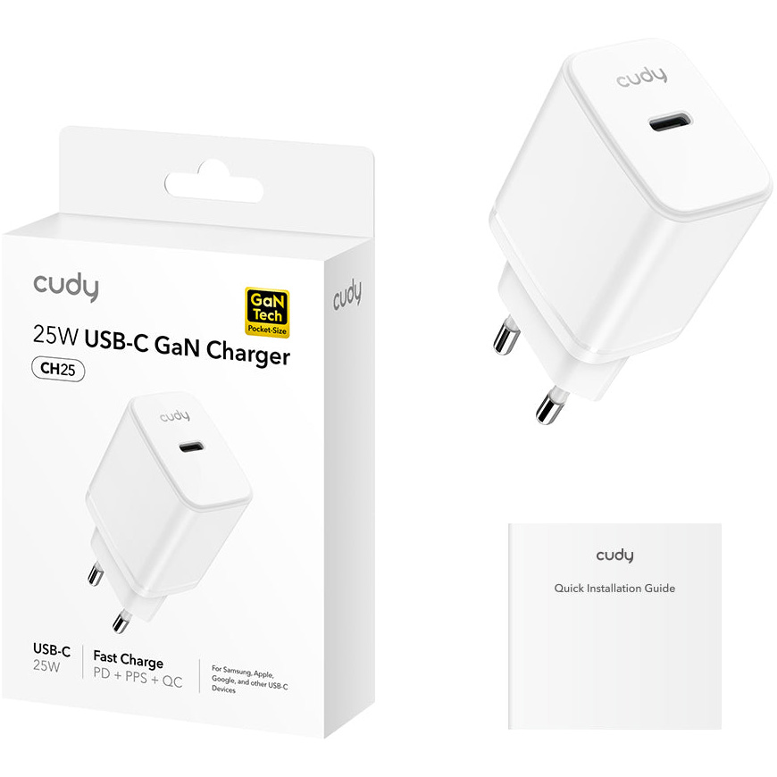 Зарядное устройство CUDY CH25 GaN Charger USB-C PD 3.0, QC 3.0, 25W White