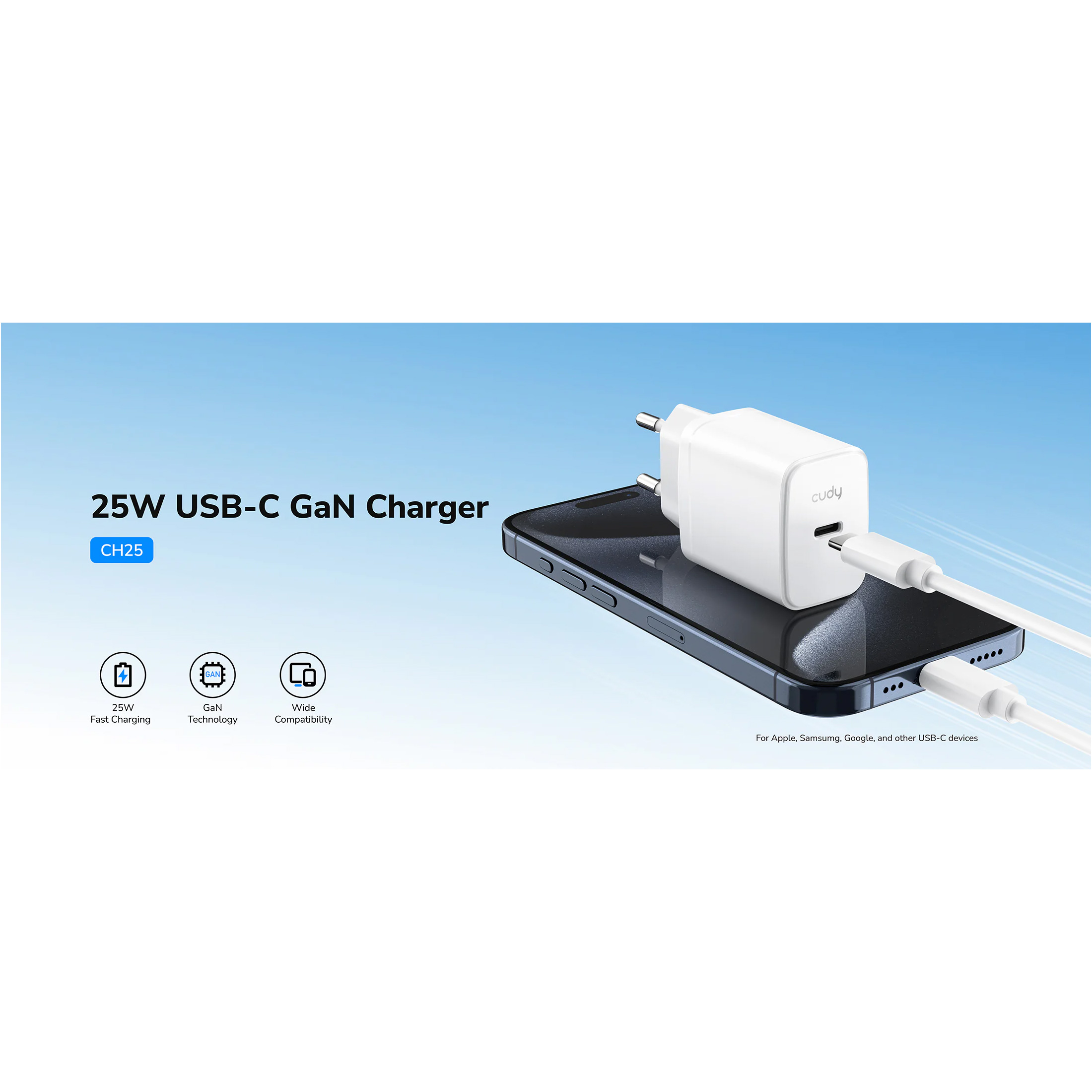 Зарядное устройство CUDY CH25 GaN Charger USB-C PD 3.0, QC 3.0, 25W White
