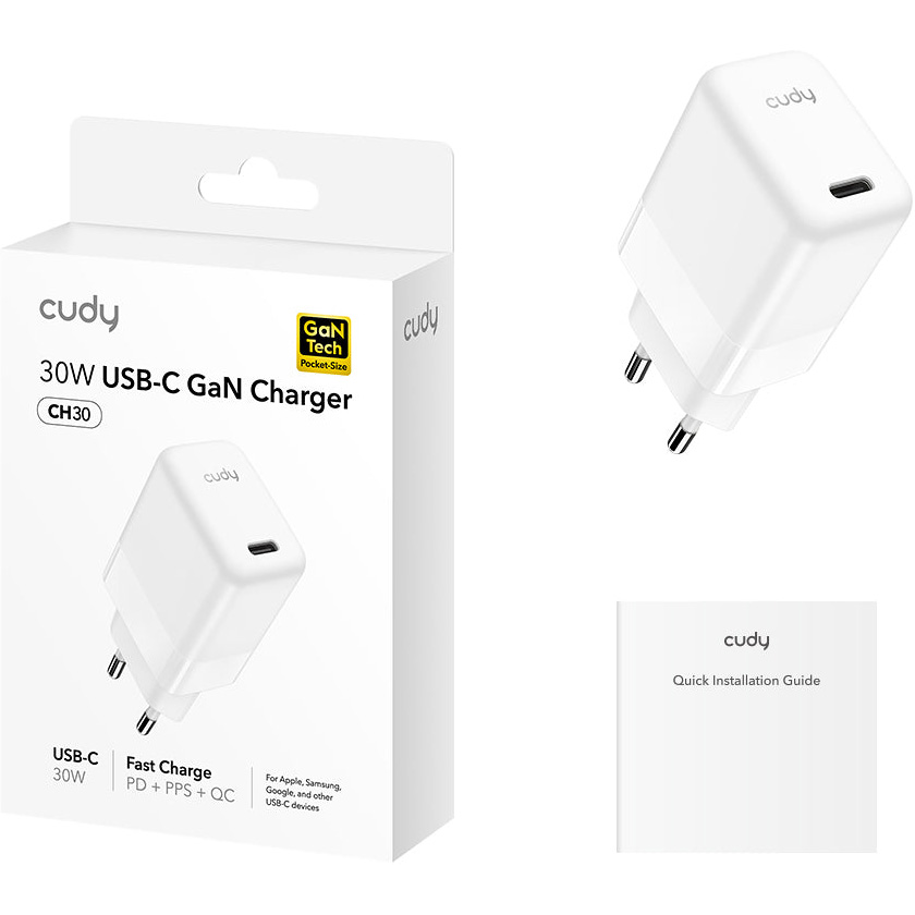 Зарядний пристрій CUDY CH30 GaN Charger USB-C PD 3.0, QC 3.0, 30W White