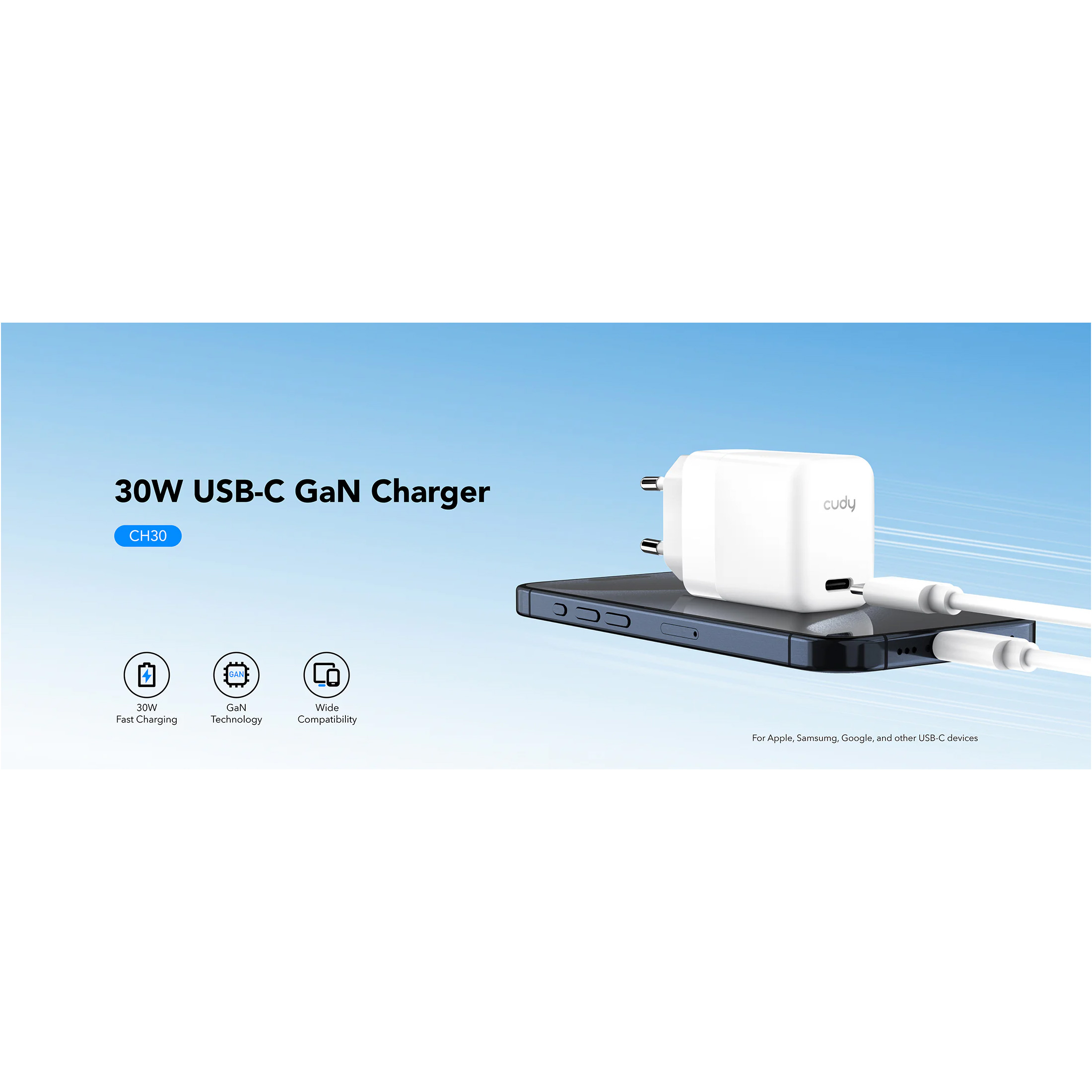 Зарядний пристрій CUDY CH30 GaN Charger USB-C PD 3.0, QC 3.0, 30W White