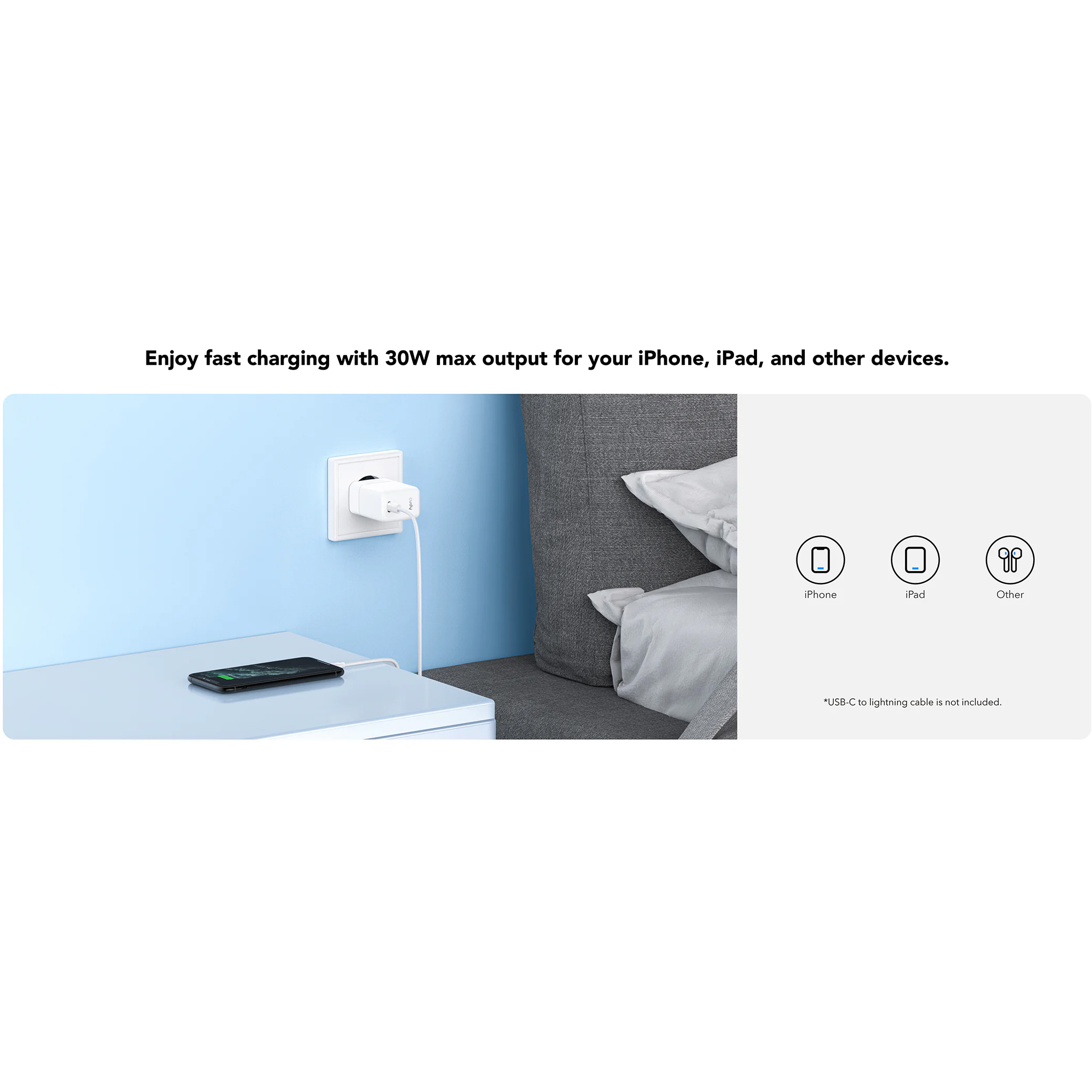 Зарядний пристрій CUDY CH30 GaN Charger USB-C PD 3.0, QC 3.0, 30W White
