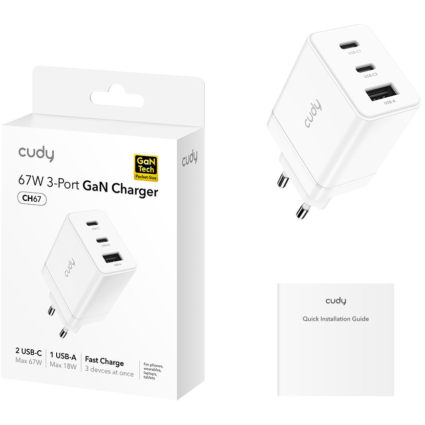 Зарядний пристрій CUDY CH67 GaN Charger 2xUSB-C, 1xUSB-A PD 3.0, QC 3.0, 67W White
