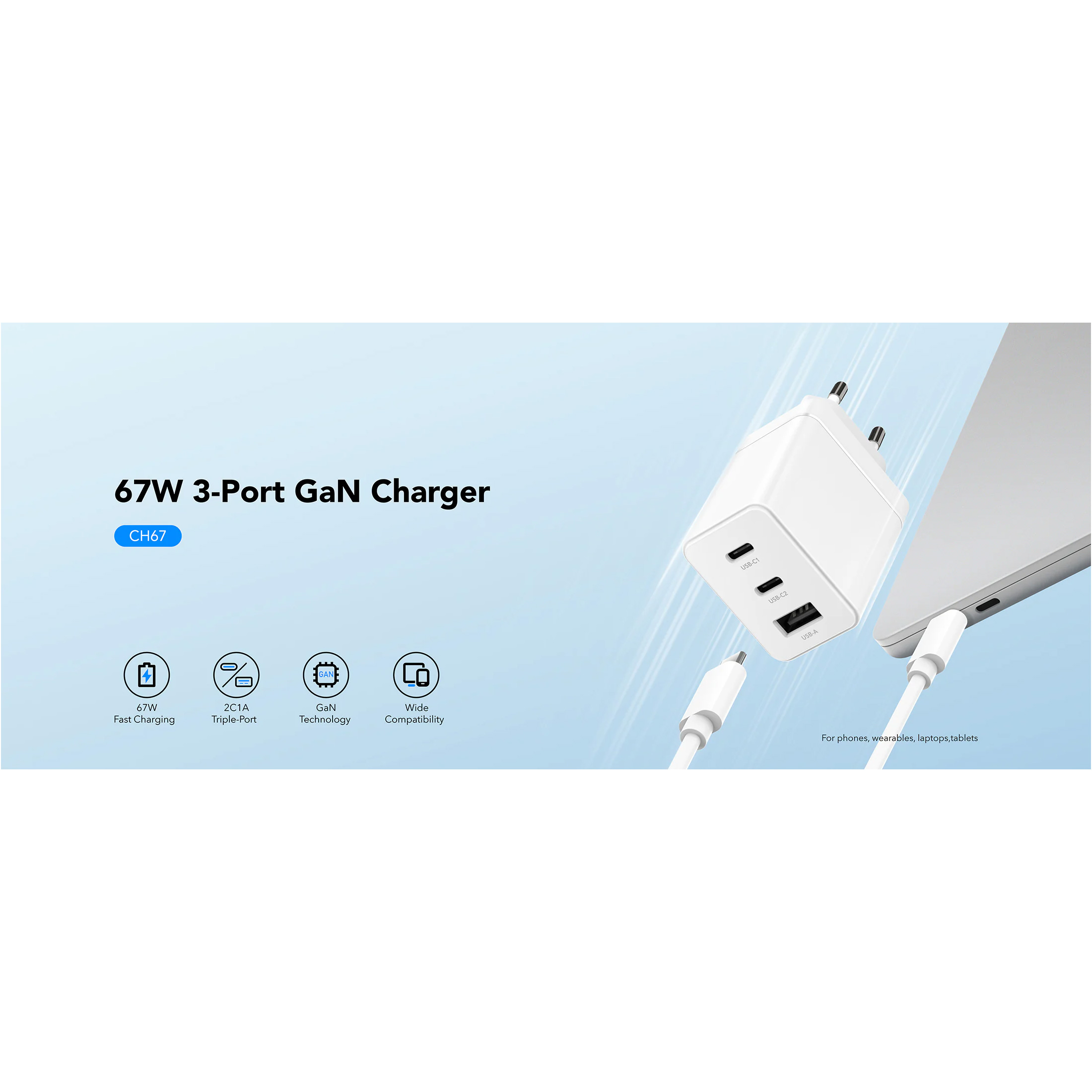 Зарядний пристрій CUDY CH67 GaN Charger 2xUSB-C, 1xUSB-A PD 3.0, QC 3.0, 67W White